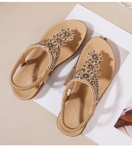 Détails de sandales compensées bohèmes avec perles strass florales et bride élastique