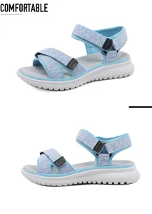 Detail of light blue patterned straps and thick white non-slip sole on sports sandals