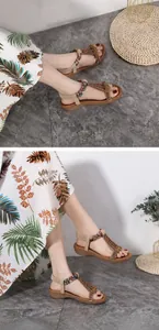 Detail of bohemian flat sandals with colorful beads, rhinestones, and elastic back strap