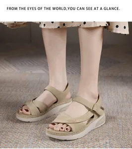 Close-up of women's wedge sandals with cross-strap design and adjustable velcro closure