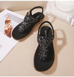 Détails de sandales à lanières en T avec fleurs en perles faites main et strass brillants