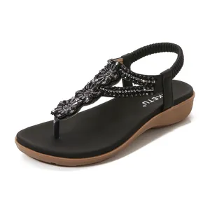 Sandales Compensées Bohème en Strass pour Femmes Bride en T Chaussures de Plage Perlées Bride Arrière Élastique