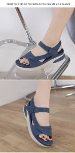 Detail of navy blue wedge sandals featuring woven texture and adjustable velcro straps