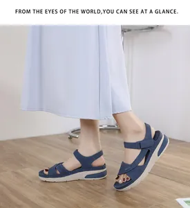 Detail of platform sandals with air-cushion soles and navy frosted velcro straps