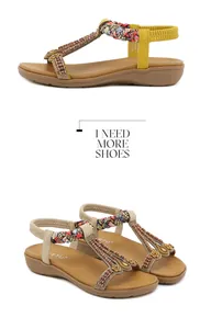 Detail of bohemian flat sandals featuring colorful beads, braided straps, and elastic back bands