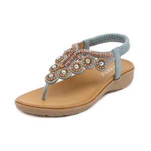 Sandali Infradito T-Strap Donna Bohémien Perline Strass Sandali con Zeppa Comodo Cinturino Elastico Spiaggia Estate Sandali Moda