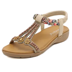 Bohemian women's khaki flat sandals with embroidery and beaded T-strap design