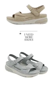 Detailed side view of khaki and grey wedge platform sandals with velcro straps