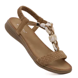 Sandales Plates de Style Bohème pour Femmes Brides Tressées Perlées Anneaux Texture Marbre Dos Élastique Chaussures de Plage d'Été Décontractées