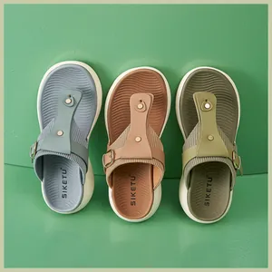 Detailed top view of triple color knit platform sandals with non-slip footbed