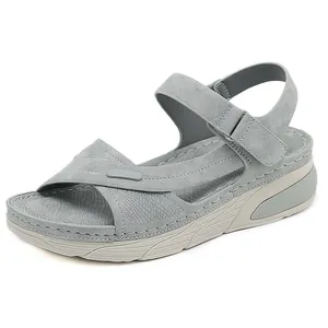 Women Thick Sole Wedge Sandals Casual Sporty Comfortable Hook And Loop Sandals Lightweight Stitched Platform Shoes Large Size