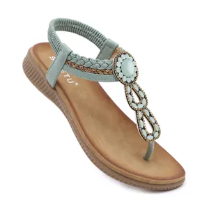 Women's Bohemian Rhinestone Flat Sandals Comfortable T-Strap Braided Elastic Back Beach Sandals Summer Vacation Shoes