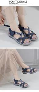 Detailansicht sportlicher dunkelblauer Sandalen mit gemusterten Riemen und Klettverschluss