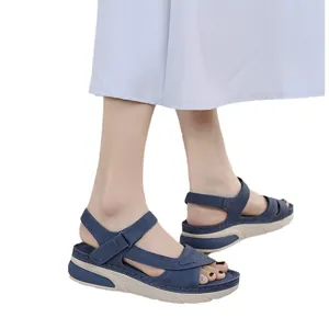 Women's lightweight platform wedge sandals with navy blue straps and hook-and-loop closure