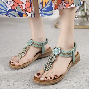 Bohemian mint green flat sandals with rhinestones and beads for beach holidays