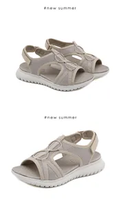 Nahaufnahme beiger Mesh-Sandalen mit dicker Gummisohle und Klettverschlussriemen