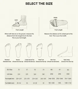 Size guide for bohemian sandals showing foot measurements and EU 36-42 conversion table