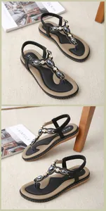 Détails de sandales plates à entredoigt avec bride en T, pierres bleues et strass brillants