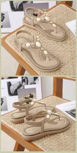 Détails des sandales plates pour femmes avec perles élégantes et strass brillants décoratifs