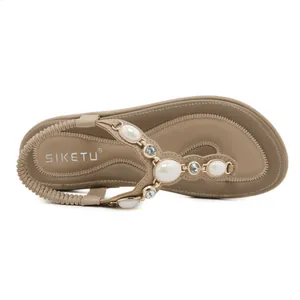 Sandales de plage plates kaki pour femmes avec pierres ovales blanches et strass