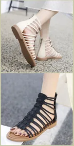 Detail of snake skin texture and rear zipper closure on these Roman strappy sandals