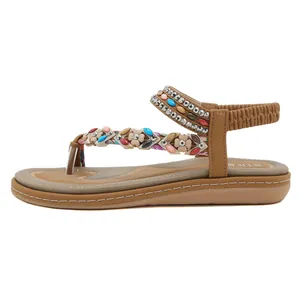 Sandalias playeras de mujer con cuentas florales coloridas y suelas planas cómodas