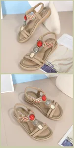 Dettaglio di sandali boho kaki con pietre colorate e cinturino elastico al tallone