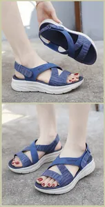 Detail of navy blue platform sports sandals with adjustable velcro straps and wave sole