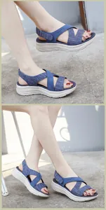 Close-up of blue platform wedge sandals featuring breathable knit straps and light MD sole
