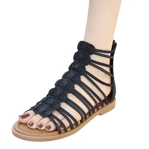 Women's black gladiator sandals with platform sole and snake-texture decorative patches