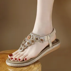 Damen Bohemian Strass Zehentrenner Sandalen Mikrofaser Leder Flache Strand Schuhe Mit Elastischem Rückengurt Sonnenblumen Muster Lässige Sandalen