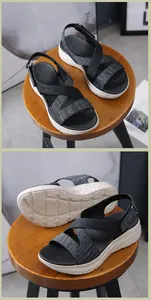 Detail of cross-strap platform sandals showing cushioned footbed and textured non-slip sole