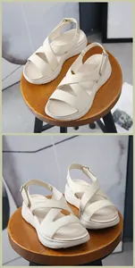 Close-up of beige platform wedge sandals featuring breathable mesh and Velcro strap detail