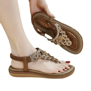 Damen Sandalen flach mit Strass und Metallblumen Design im böhmischen Stil