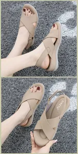Detail view of beige platform sandals with crisscross straps and adjustable ankle buckle