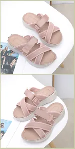 Detail of pink platform sandals with mesh fabric straps and adjustable velcro closure
