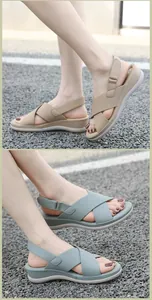 Women's wedge sandals with criss-cross straps and adjustable heel bands in beige and blue