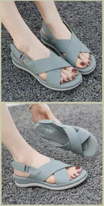 Macro view of blue wedge sandals with thick platform soles and cross straps by SIKETU