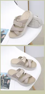 Detailed views of beige platform sport sandals featuring mesh straps and thick soles