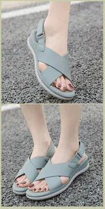 Detail view of light blue platform sandals with cross straps and adjustable heel buckles