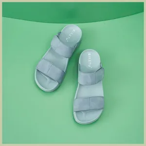 Top view of light blue platform sandals with dual wide straps and soft cushioned footbed