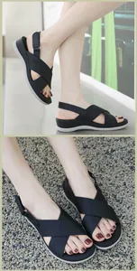 Detail view of black platform wedge sandals with crisscross straps and adjustable heel strap