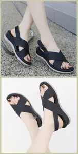 Outdoor and studio views of black platform wedge sandals with adjustable straps