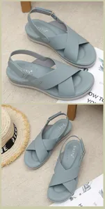 Close-up of light blue summer sandals with cross straps and adjustable metal buckle