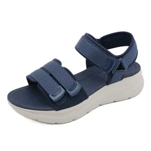 Women's sporty navy blue platform sandals with velcro straps and anti-slip footbed