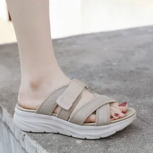 Women lightweight platform sports sandals with breathable mesh straps and velcro in beige