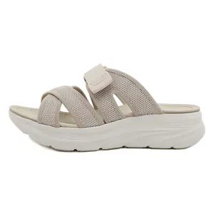 Women's sporty platform sandals in beige mesh with adjustable velcro straps and thick soles
