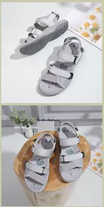 Détail de sandales de sport avec triples brides velcro ajustables et semelles confort