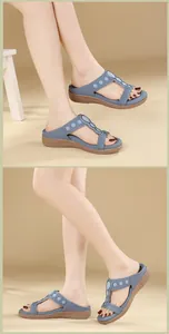 Detail of Bohemian rhinestone sandals with latex massage sole and beaded T-strap design