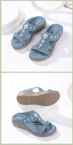 Detail of blue rhinestone bohemian wedge sandals with cushioned massage footbed and thick sole